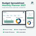 Budget spreadsheet dashboard on a laptop and phone with income, spending and savings charts