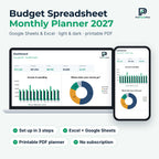 Budget spreadsheet dashboard on a laptop and phone with income, spending and savings charts