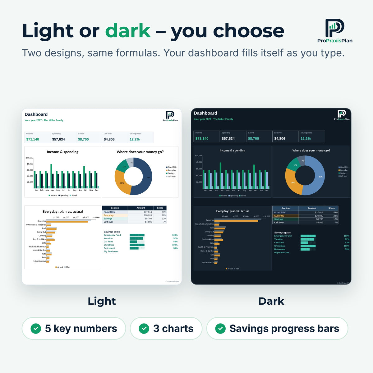 Budget spreadsheet dashboard in light and dark design side by side