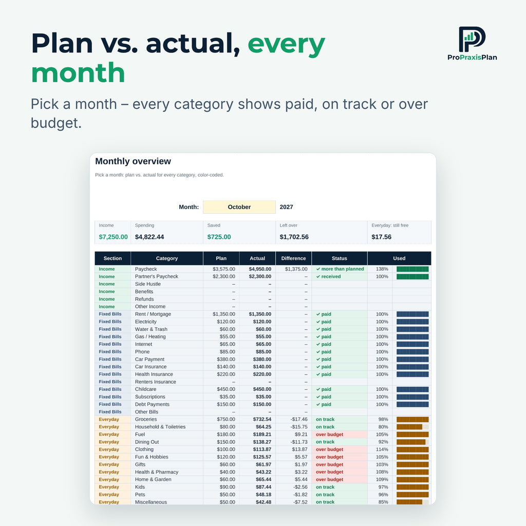 Monthly overview with plan vs. actual and color-coded status per category