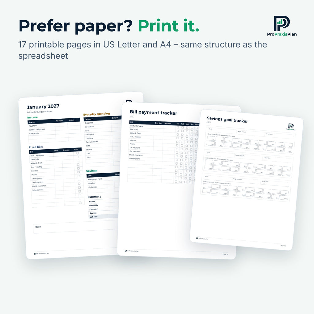 Printable budget planner pages: monthly budget worksheet, bill tracker, savings tracker