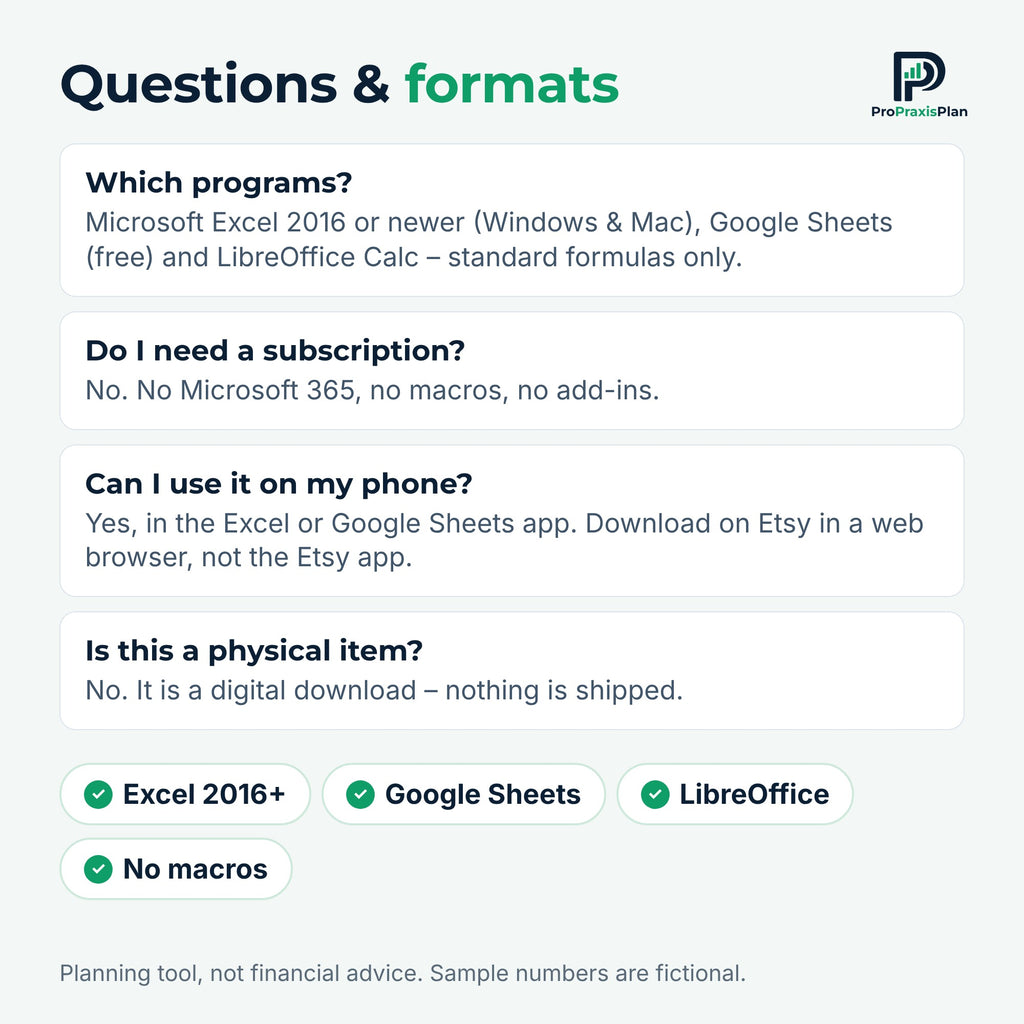 Questions and formats: Excel, Google Sheets, LibreOffice, no subscription