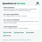 Questions and formats: Excel, Google Sheets, LibreOffice, no subscription