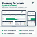Cleaning Schedule spreadsheet for Excel and Google Sheets on laptop and phone