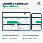 Cleaning Schedule spreadsheet for Excel and Google Sheets on laptop and phone