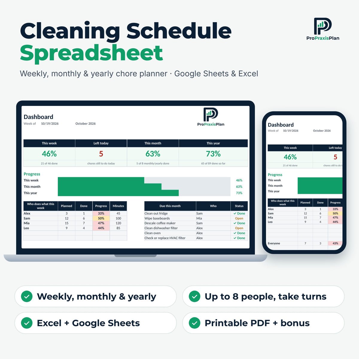 Cleaning Schedule spreadsheet for Excel and Google Sheets on laptop and phone