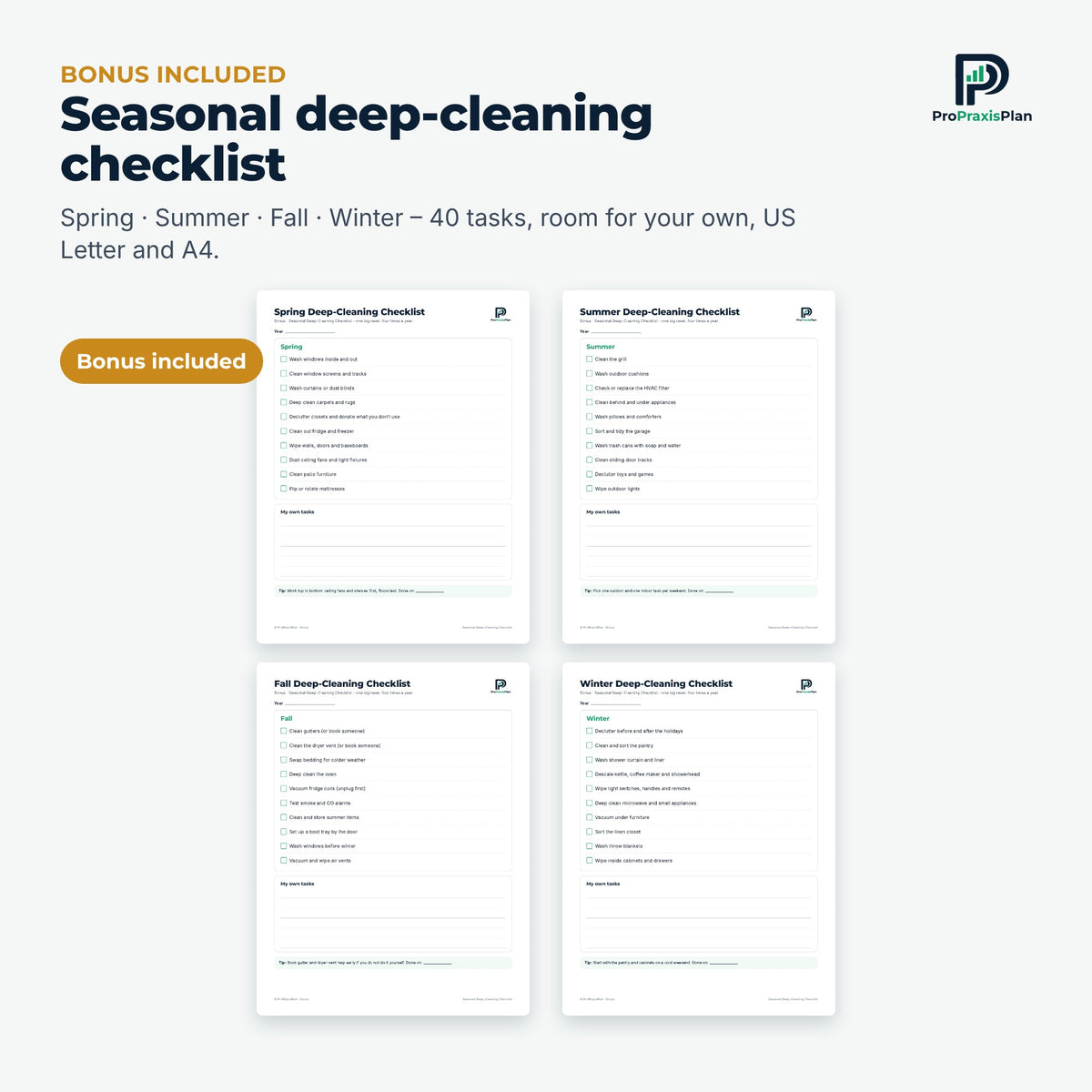 Cleaning Schedule – bonus seasonal deep-cleaning checklist