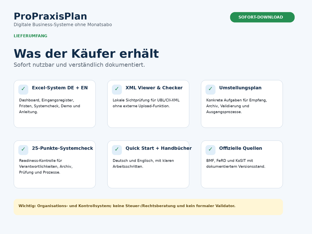 Lieferumfang des E-Rechnung Empfang und Kontrollsystems – Excel, XML Viewer, Checklisten und Handbücher