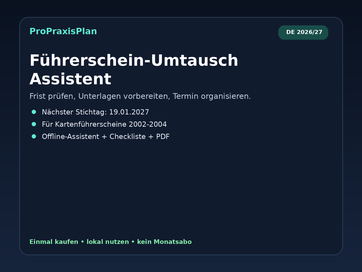 ProPraxisPlan Führerschein-Umtausch Assistent Deutschland 2026/27 – Frist prüfen und Unterlagen vorbereiten