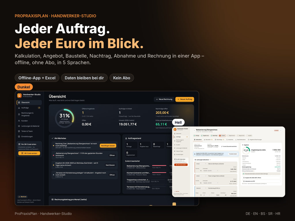 Handwerker-Studio von ProPraxisPlan – Kalkulation, Angebot, Baustelle und Rechnung, Offline-App im dunklen und hellen Modus