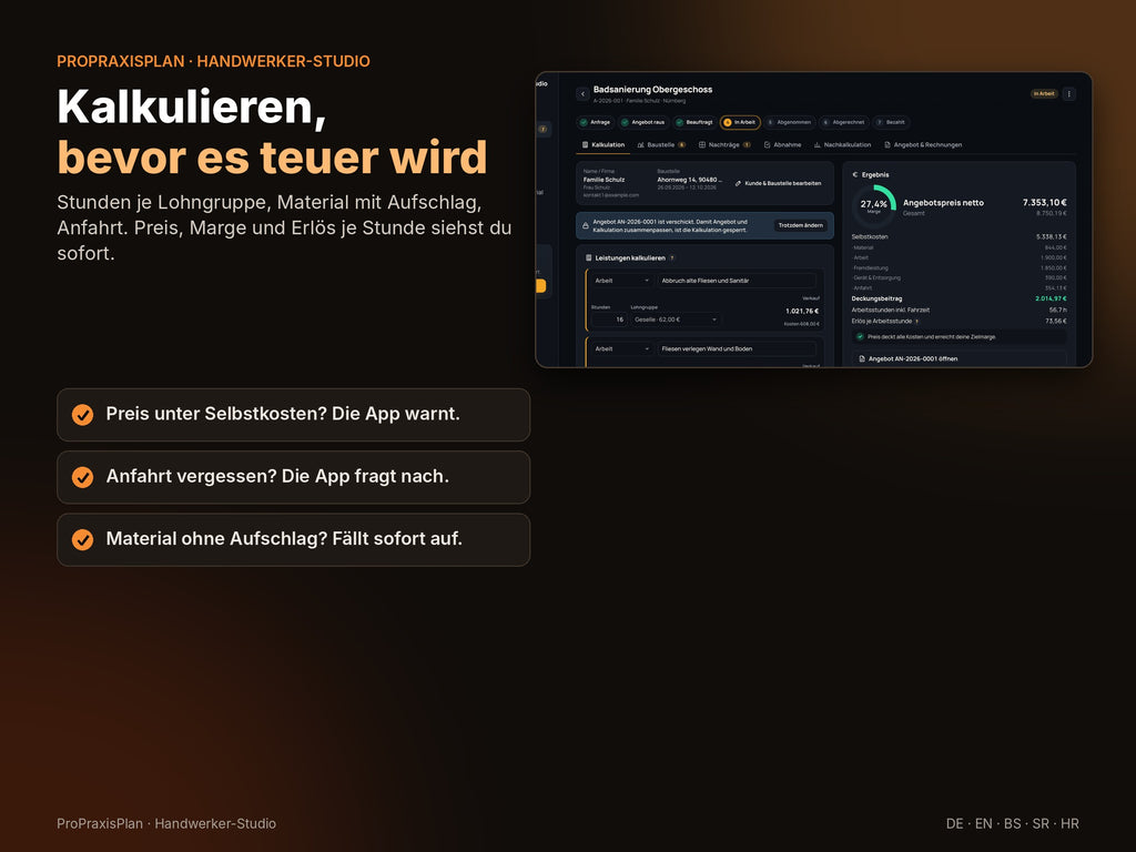 Kalkulation mit Lohngruppen, Material und Anfahrt – Preis, Marge und Erlös je Stunde