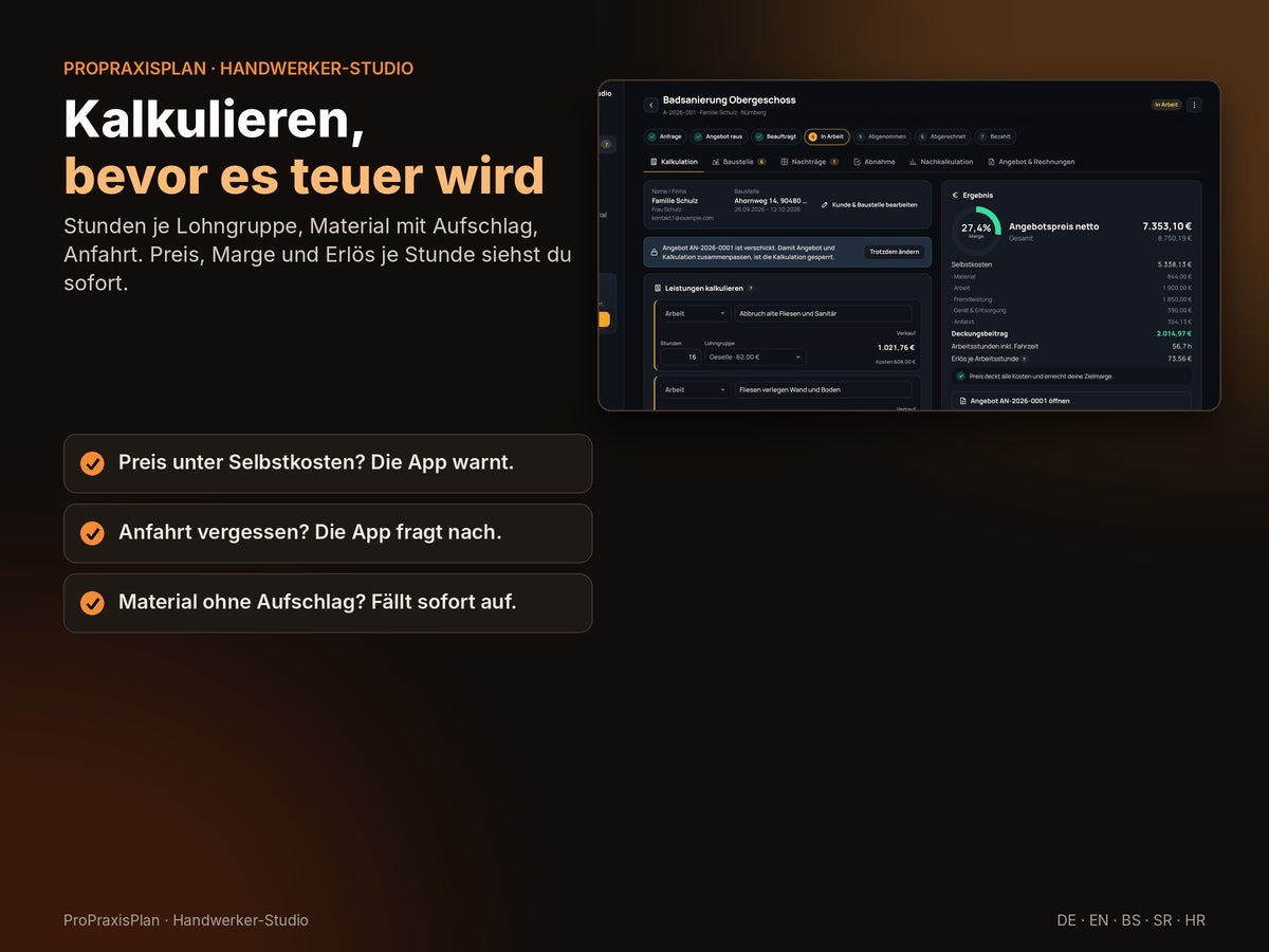 Kalkulation mit Lohngruppen, Material und Anfahrt – Preis, Marge und Erlös je Stunde