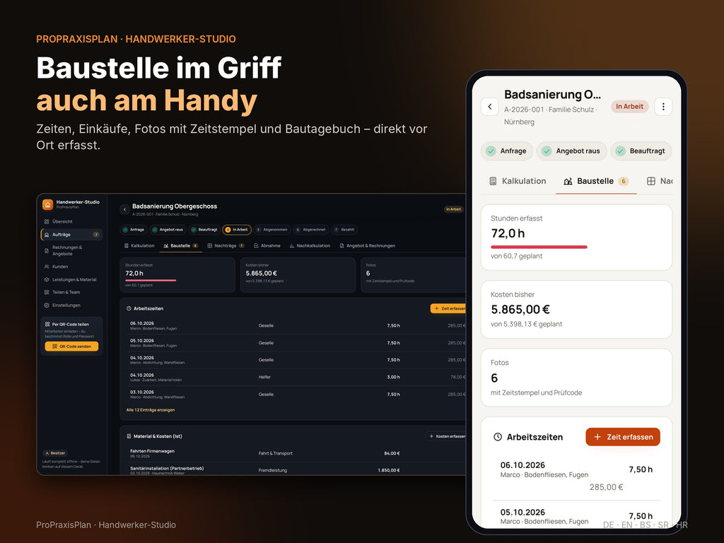 Baustelle am Handy: Arbeitszeiten, Fotos mit Zeitstempel und Bautagebuch