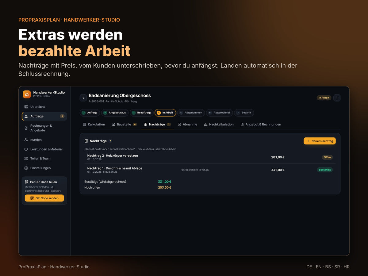 Nachträge mit Preis und Unterschrift des Kunden