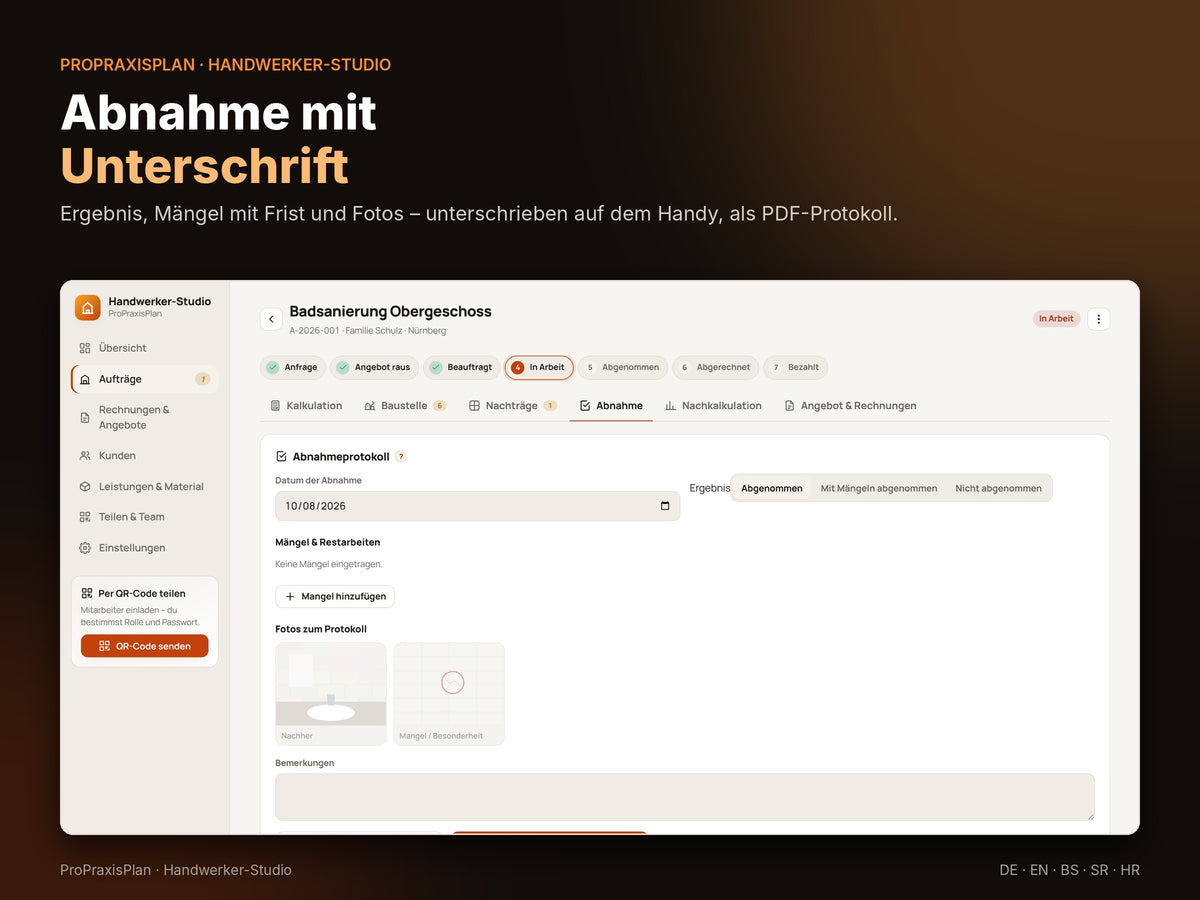 Abnahmeprotokoll mit Mängeln, Fotos und Unterschrift