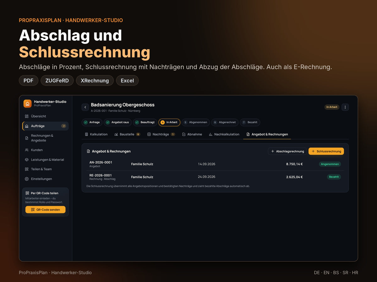 Abschlagsrechnung und Schlussrechnung, auch als E-Rechnung (ZUGFeRD, XRechnung)