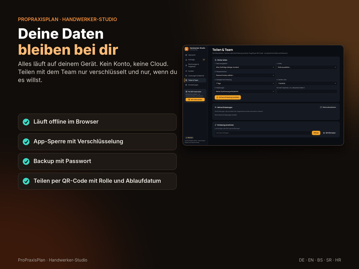 Deine Daten bleiben bei dir: offline, verschlüsselt, sicher teilen per QR-Code