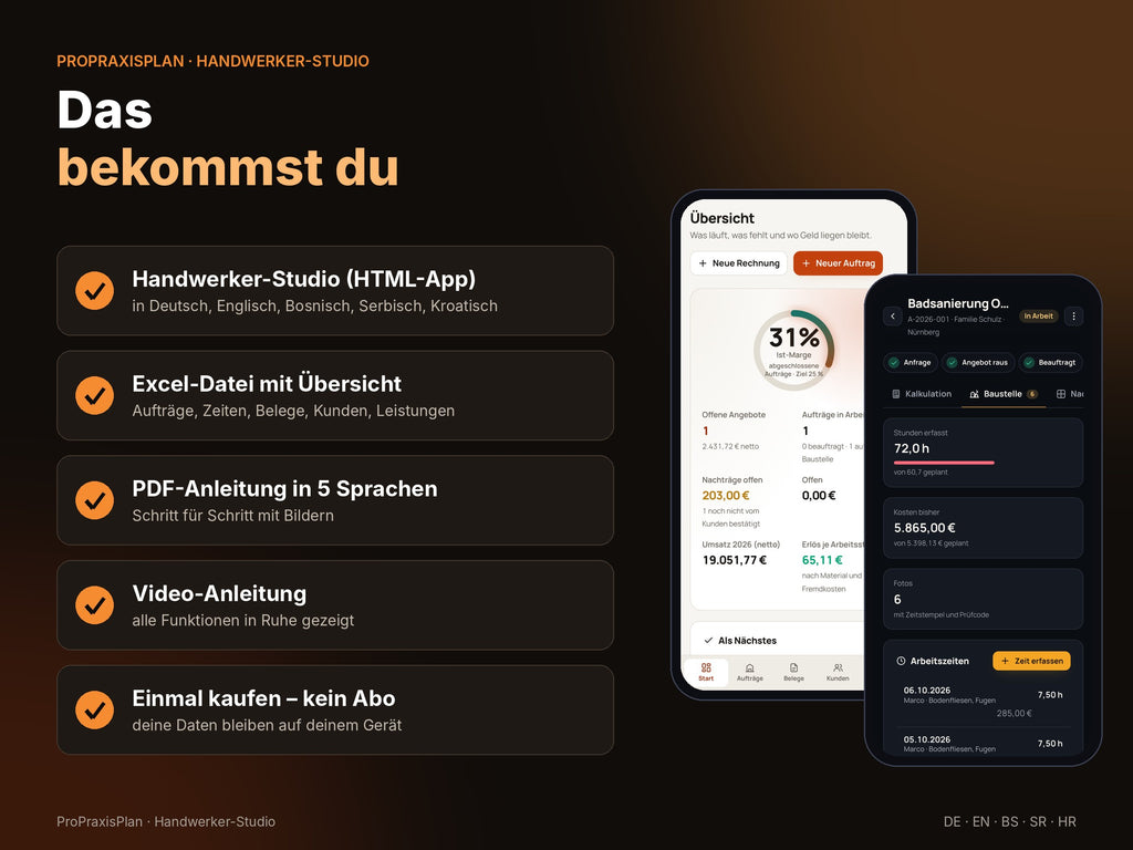 Lieferumfang: App, Excel, PDF-Anleitung und Video in 5 Sprachen