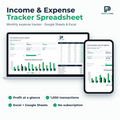 Income & Expense Tracker spreadsheet for Excel and Google Sheets on laptop and phone