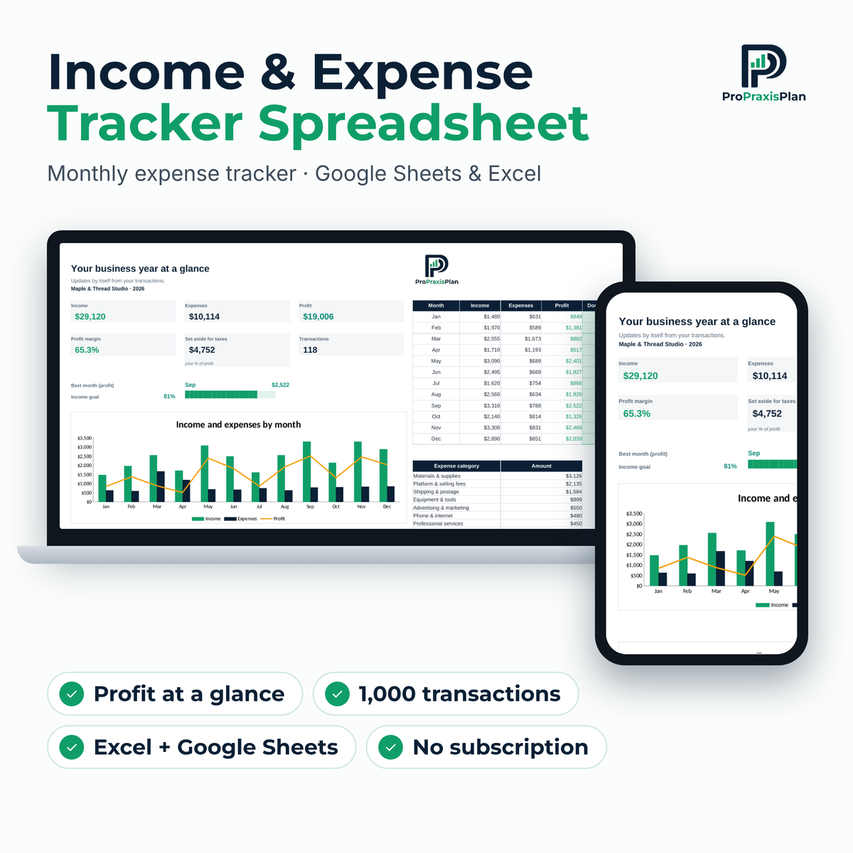 Income & Expense Tracker spreadsheet for Excel and Google Sheets on laptop and phone
