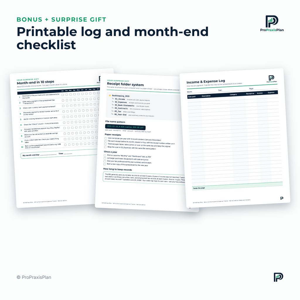 Income & Expense Tracker – printable log and month-end checklist