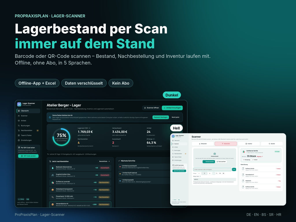 Lager-Scanner: Übersicht mit Lagerwert, Nachbestellung und Scanner im hellen und dunklen Modus