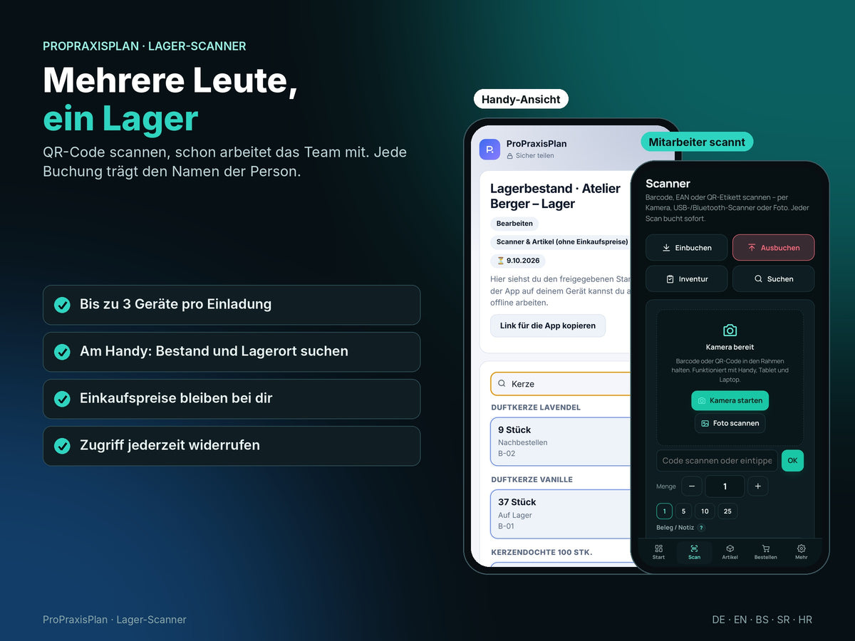 Mehrere Leute, ein Lager: Bestand am Handy per QR-Code und Mitarbeiter scannen selbst