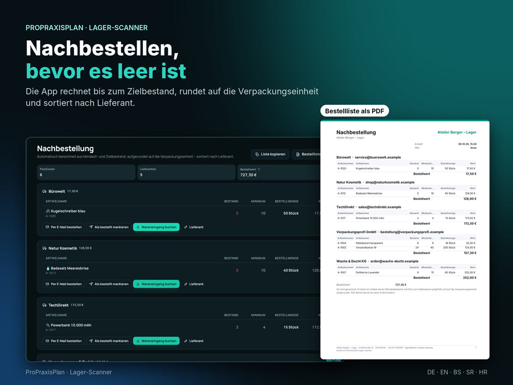 Nachbestellliste nach Lieferant mit Bestellliste als PDF