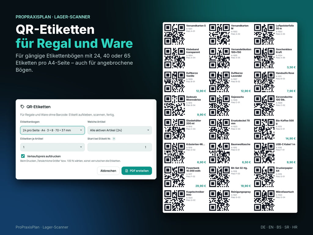QR-Etiketten für Regal und Ware auf A4-Bögen