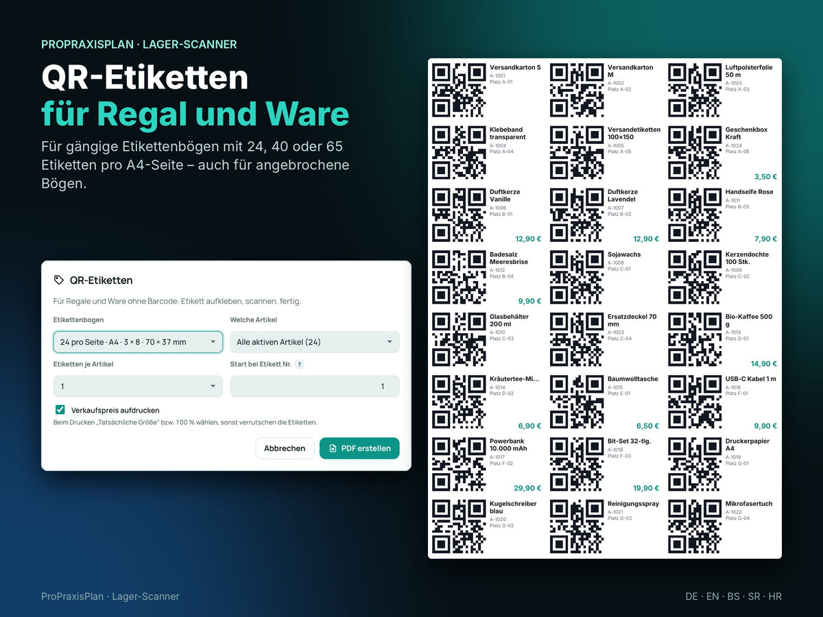 QR-Etiketten für Regal und Ware auf A4-Bögen