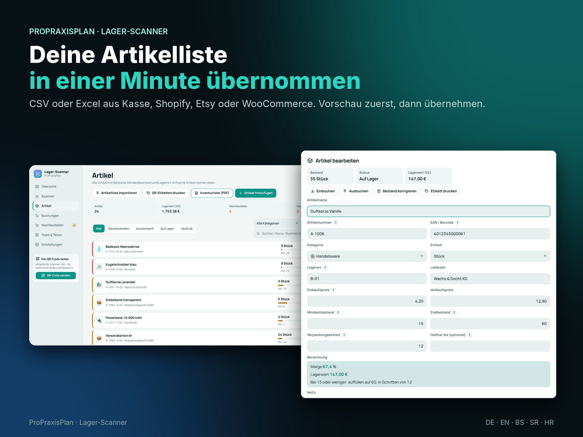 Artikelliste übernehmen und Artikel bearbeiten