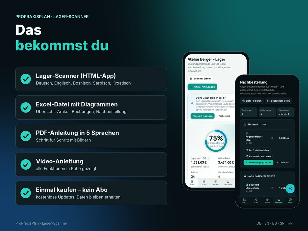 Lieferumfang: App in 5 Sprachen, Excel, PDF-Anleitung, Video