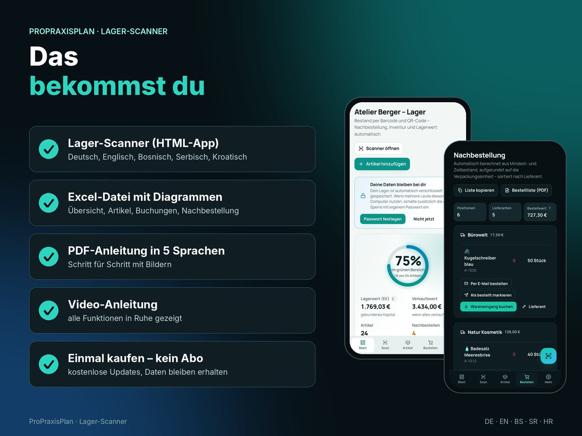 Lieferumfang: App in 5 Sprachen, Excel, PDF-Anleitung, Video