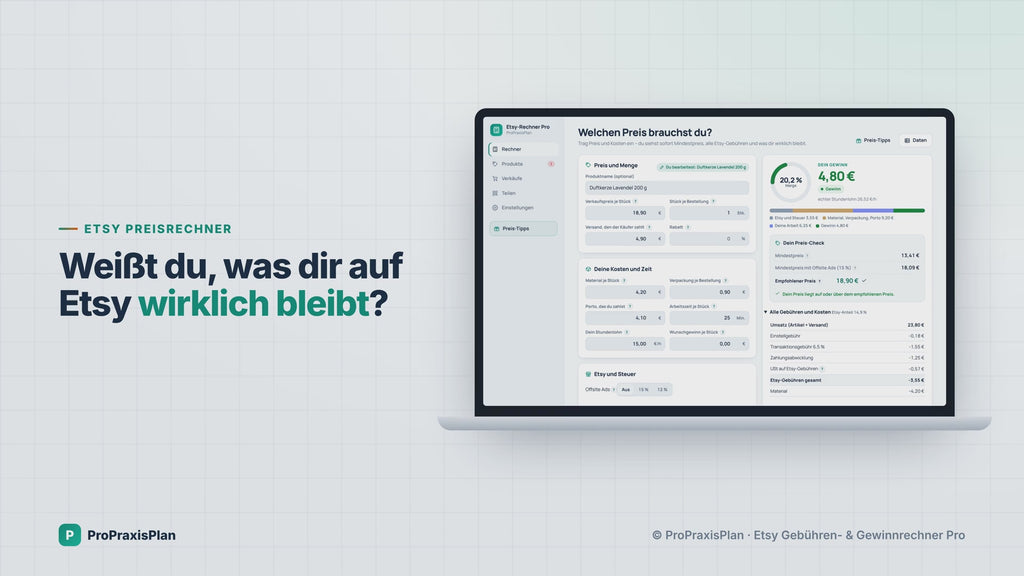 Etsy-Rechner Pro im Video: Kosten eintragen, jede Etsy-Gebühr, Mindestpreis und echter Gewinn