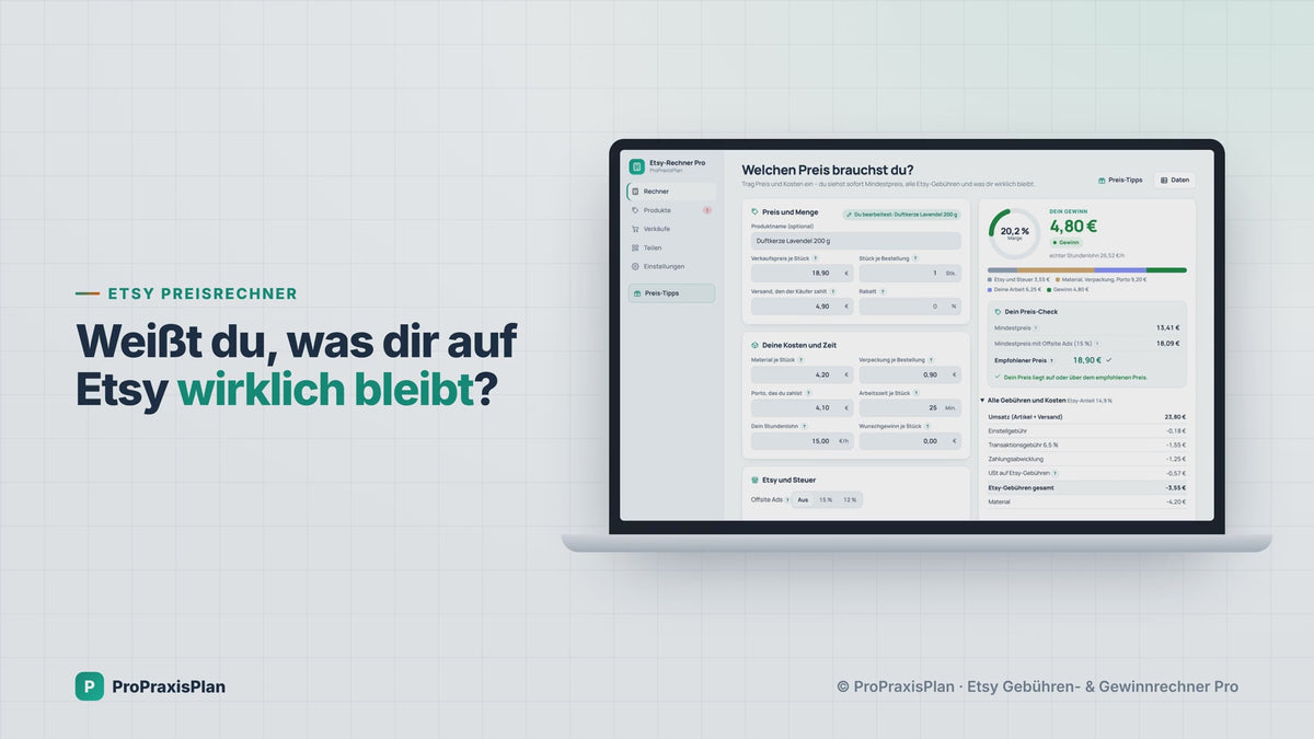 Etsy-Rechner Pro im Video: Kosten eintragen, jede Etsy-Gebühr, Mindestpreis und echter Gewinn