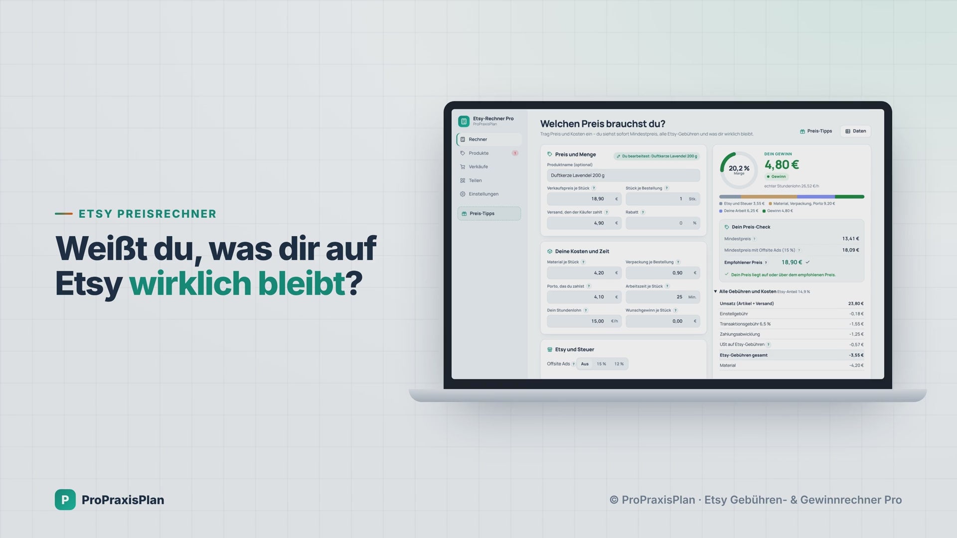 Etsy-Rechner Pro im Video: Kosten eintragen, jede Etsy-Gebühr, Mindestpreis und echter Gewinn