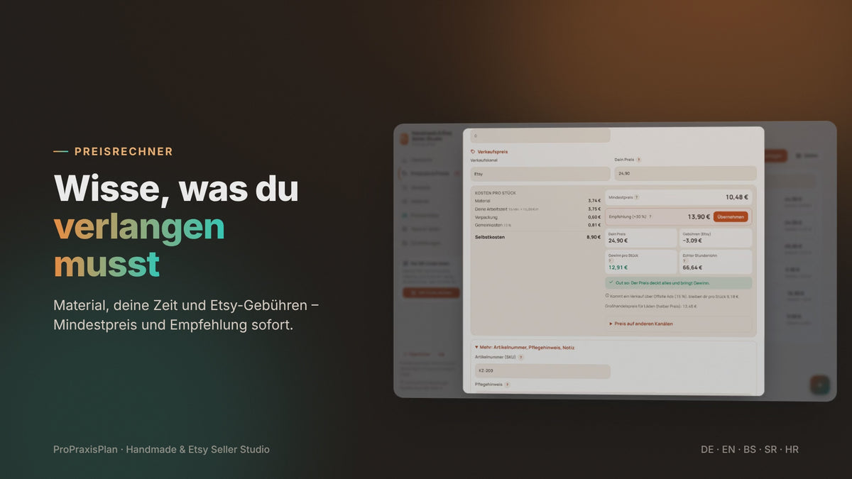 Seller Studio im Video: Preisrechner, Etsy-Import, Gewinn und Preisschilder