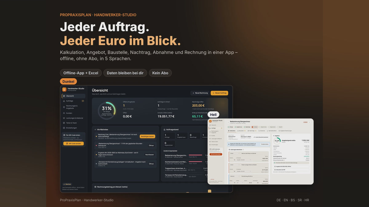 Handwerker-Studio im Video: Kalkulation, Angebot, Baustelle und Rechnung