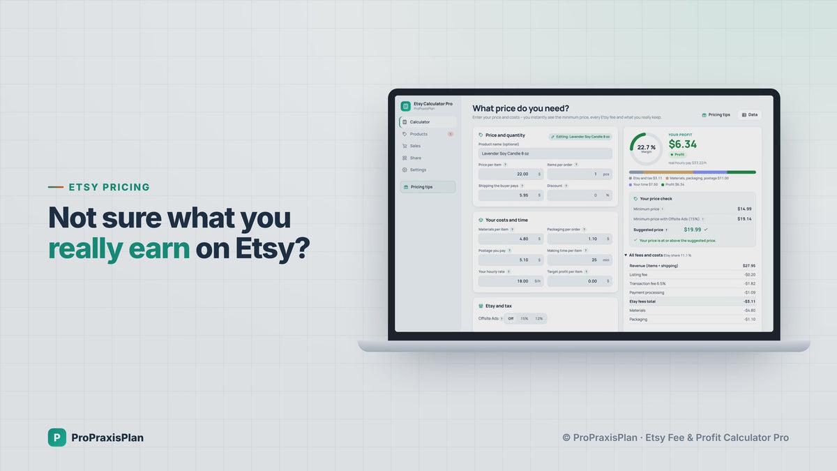 Etsy Pricing Calculator Pro in action: enter your costs, see every Etsy fee, your minimum price and real profit