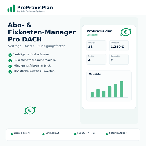 Abo- & Fixkosten-Manager Pro DACH – Verträge, Kosten und Kündigungsfristen