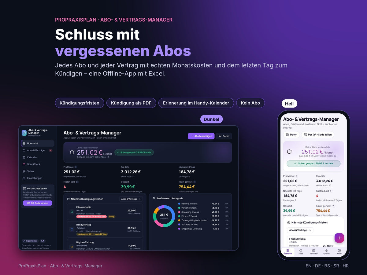 Abo- und Vertrags-Manager – Schluss mit vergessenen Abos, heller und dunkler Modus