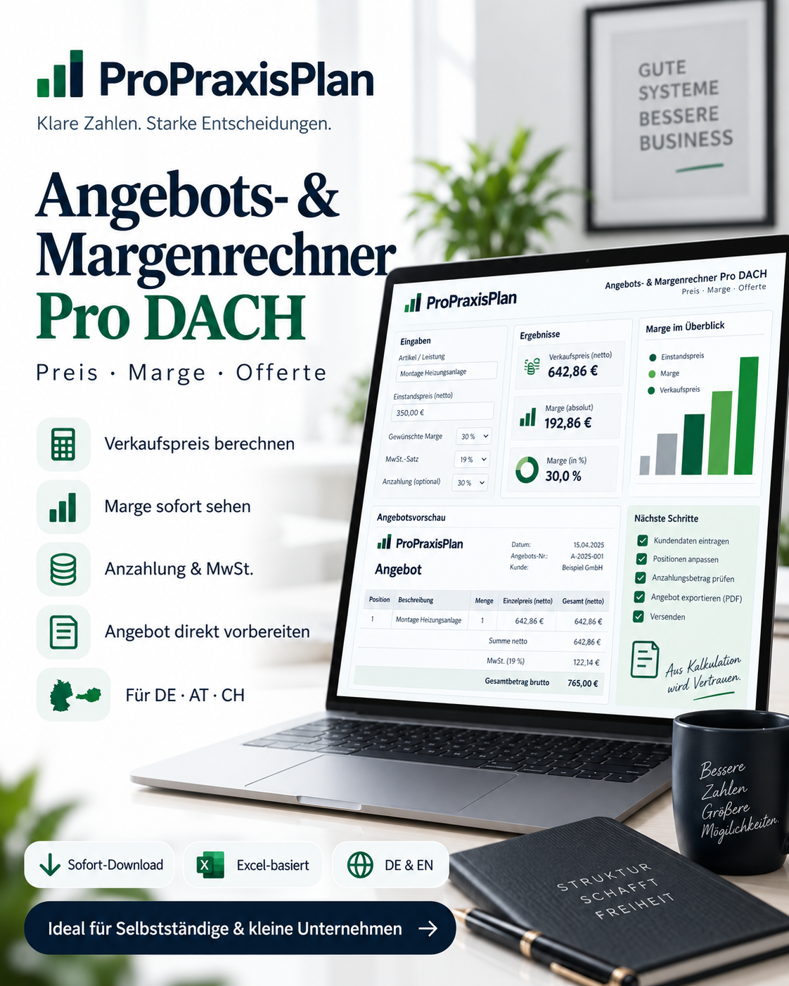 Angebots- und Margenrechner Pro DACH Excel Vorlage für Verkaufspreis Marge Angebot Offerte MwSt und Anzahlung