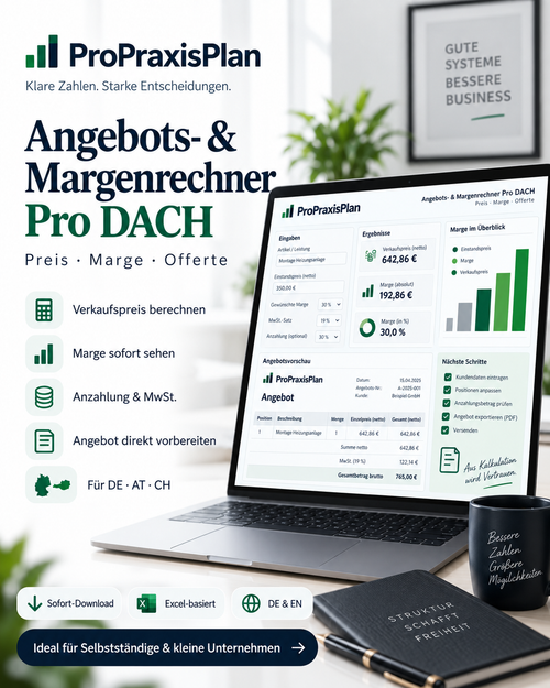 Angebots- und Margenrechner Pro DACH Excel Vorlage für Verkaufspreis Marge Angebot Offerte MwSt und Anzahlung