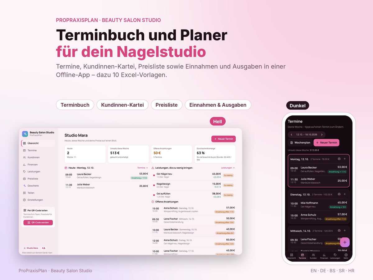 Beauty Salon Studio – Terminbuch und Planer für dein Nagelstudio, heller und dunkler Modus