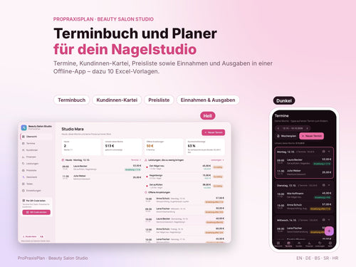 Beauty Salon Studio – Terminbuch und Planer für dein Nagelstudio, heller und dunkler Modus