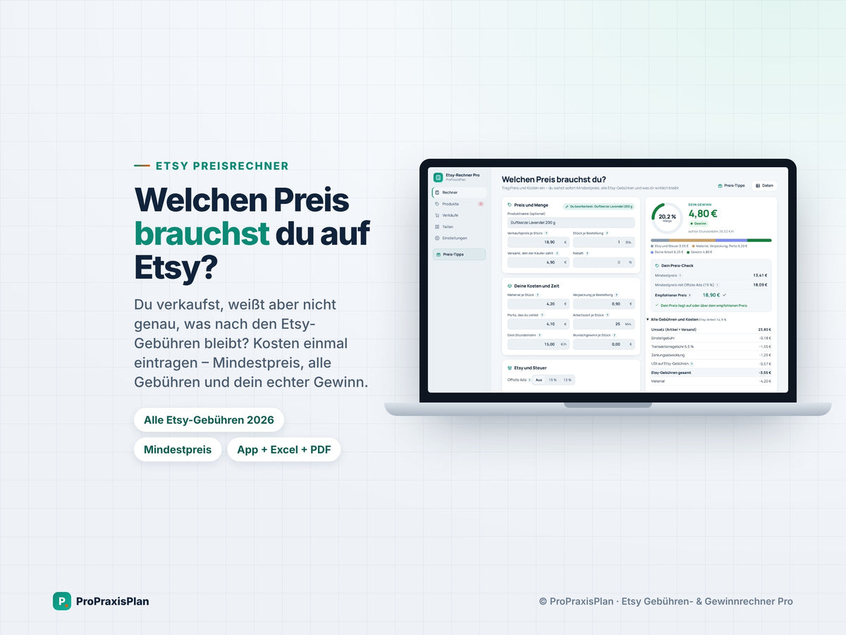 Etsy-Rechner Pro – welchen Preis brauchst du auf Etsy? Mindestpreis, alle Etsy-Gebühren und echter Gewinn