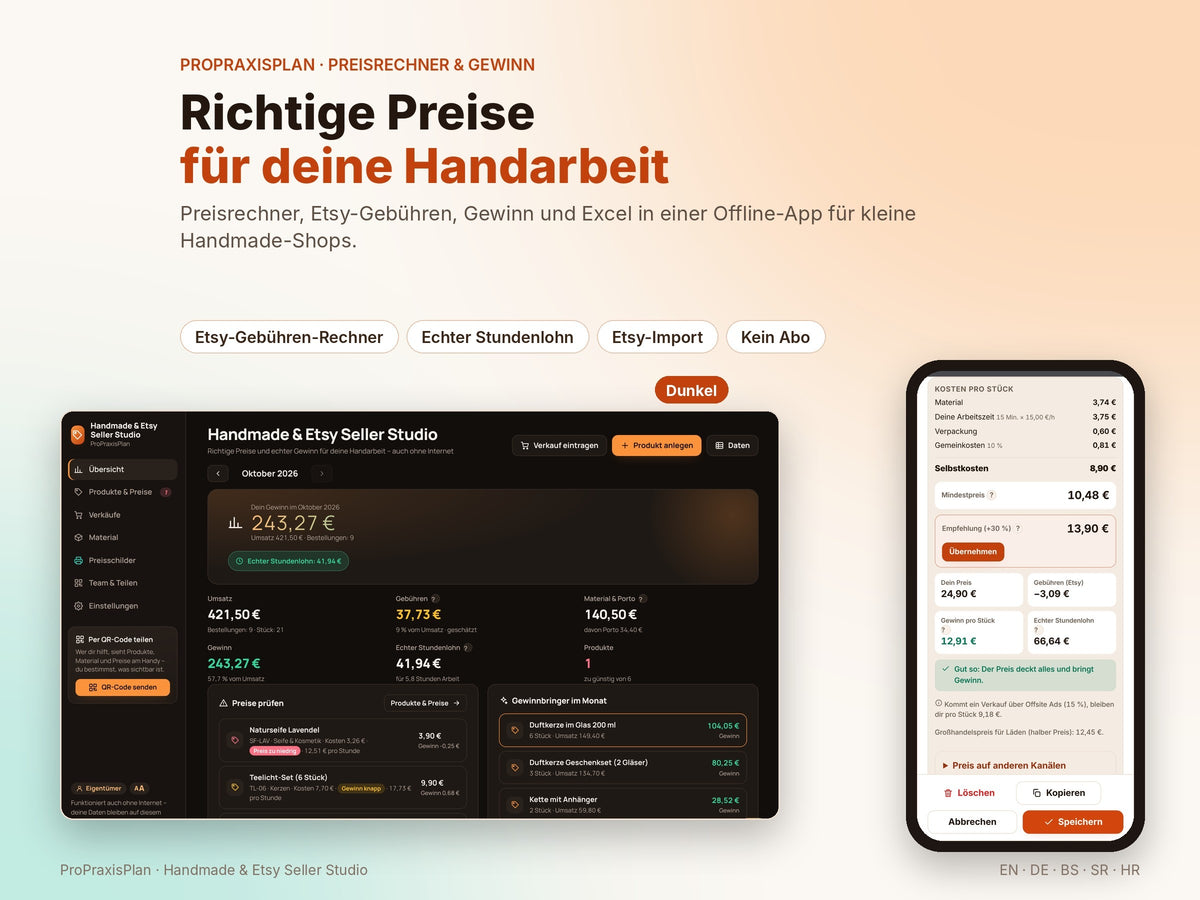 Handmade & Etsy Seller Studio – richtige Preise für deine Handarbeit, heller und dunkler Modus