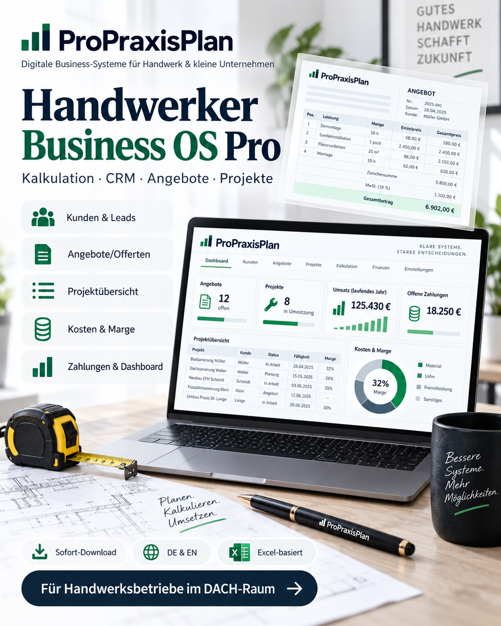 Handwerker Business OS Pro Excel-System mit Kalkulation CRM Angeboten Projekten Kosten Marge Zahlungen und Dashboard