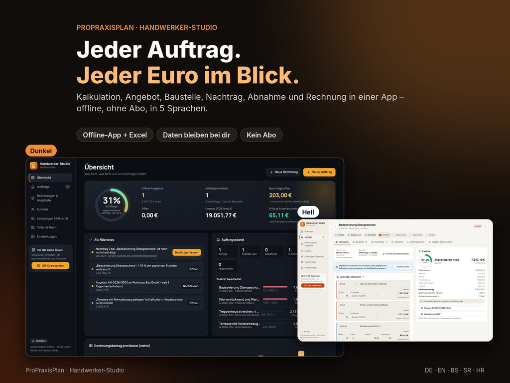 Handwerker-Studio von ProPraxisPlan – Kalkulation, Angebot, Baustelle und Rechnung, Offline-App im dunklen und hellen Modus