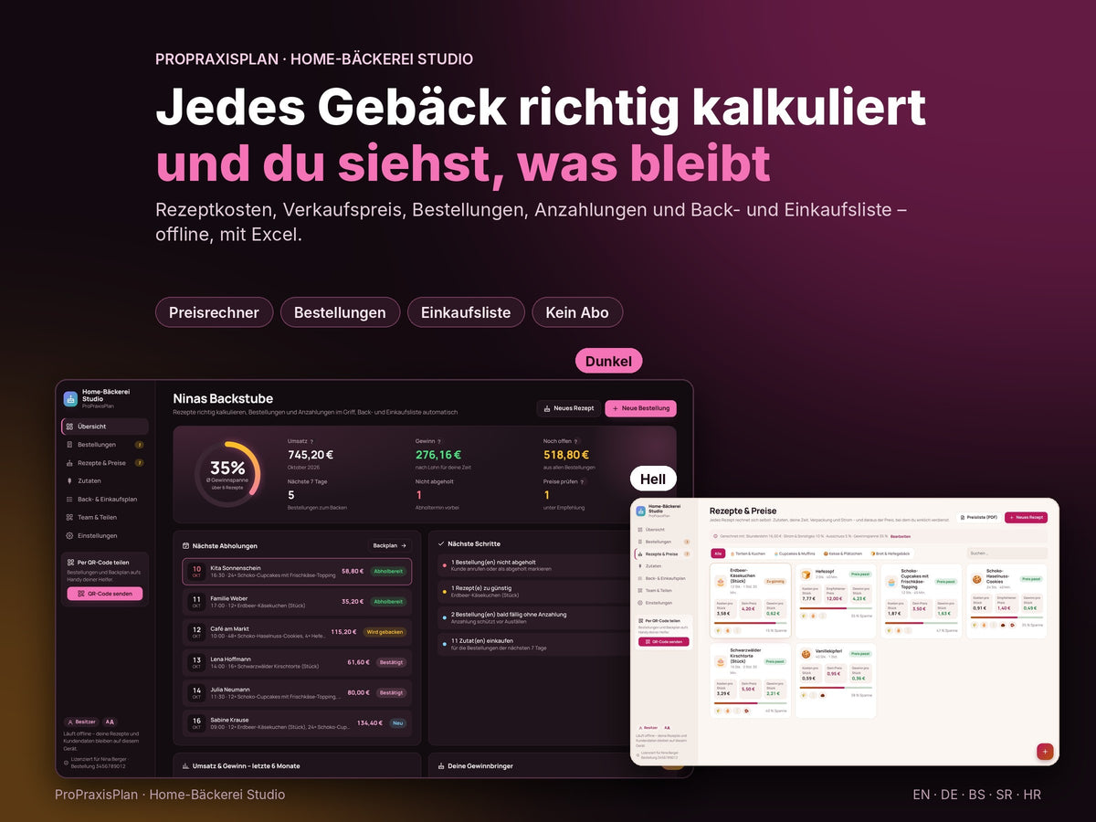 Home-Bäckerei Studio – jedes Gebäck richtig kalkuliert, heller und dunkler Modus
